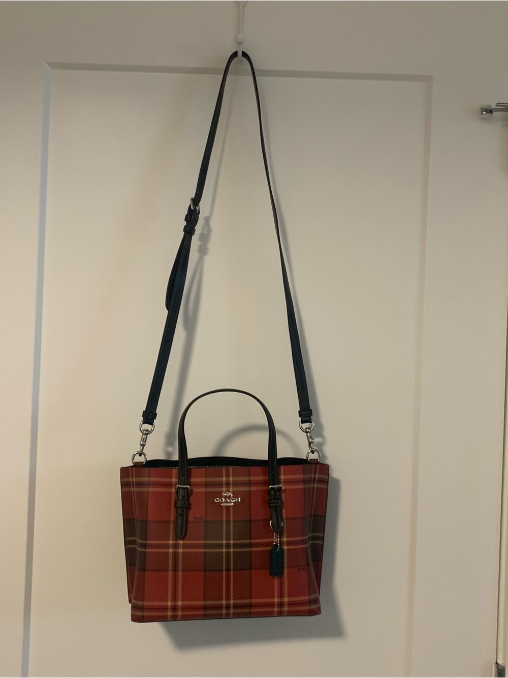 Coach Red Plaid Women’s Shoulder Cross body Tote with Black Strap